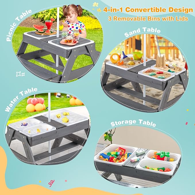 Costzon Kids Picnic Table with Sensory Bins, 4 in 1 Sand and Water Table with Height Adjustable Umbrella, Removable Tabletop, Wooden Kids Outdoor Table for Backyard Patio Play
