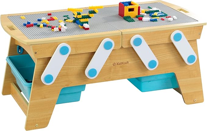 KidKraft Building Bricks Play N Store Wooden Table, Children's Toy Storage with Bins, 200+ Building Blocks Included, Natural, Gift for Ages 3+