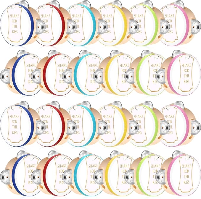 24 Set 4 Inch Tambourine for Adults Wooden Hand Held Drum with Metal Jingles, Gift Tags, White I Love You Printed Ribbon Percussion Gift Musical Instrument for Church Wedding Party(Colorful)