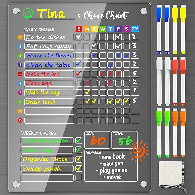 PigPotParty Acrylic Magnetic Chore Chart for Kids, 12"x16" Reward Responsibility Chart, Chores Checklist, 1 Weekly Dry Erase Fridge Board for Teens Adult Family Multiple Kids, w/ 12 Markers & Towel