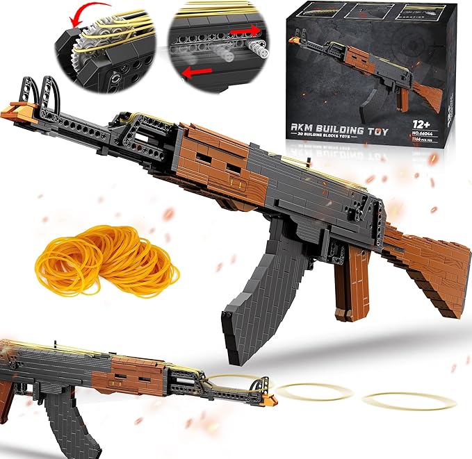 Building Block Gun for Adults, 1:1 AKM-47 Model Gun with Functional Rubber Band Shooting Mechanism, Collectible Gift for Military Weapon Toy Lovers,Educational STEM Toy Set for Boys Age 12+, 1166Pcs
