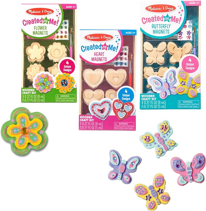 Melissa & Doug Created By Me! Paint & Decorate Your Own Wooden Magnets Craft Kit – Butterflies, Hearts, Flowers - Kids Craft Kits, Great Activity For Rainy Days And Party Favors, Ages 4+