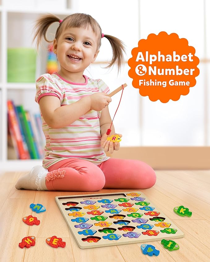 Coogam Magnetic Alphabet Numbers Fishing Game, Wooden ABC Letter Numbers Color Matching Puzzle Fine Motor Montessori Educational Toy for Preschool 3 4 5 Year Old Toddlers