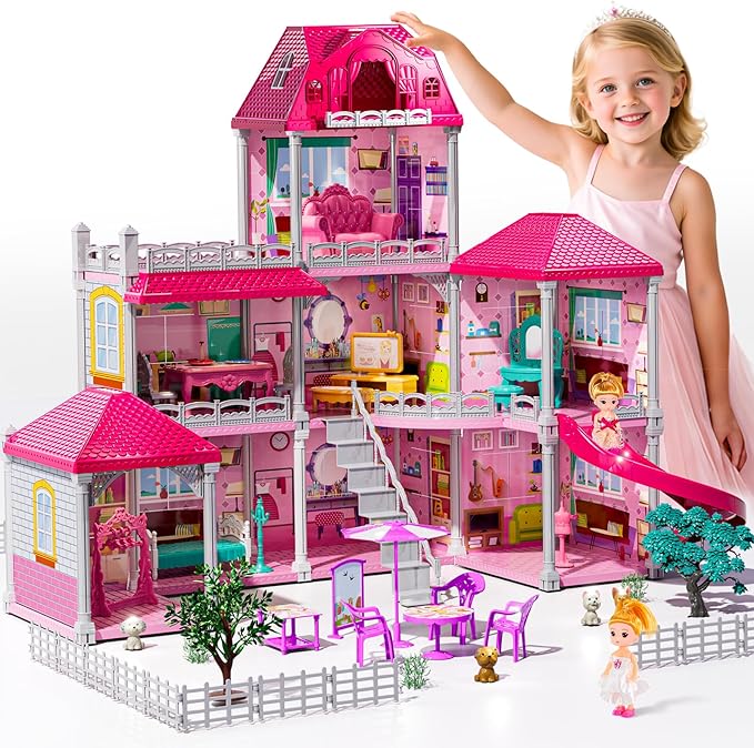 Villa Playset for Girls Ages 3-7, 3-Story 8 Room House with 2 Dolls, Furniture and Accessories, Indoor Playset Girls Toys for Ages 6-8, Pretend Toddler Toy, Birthday Gifts for Kids 4-8