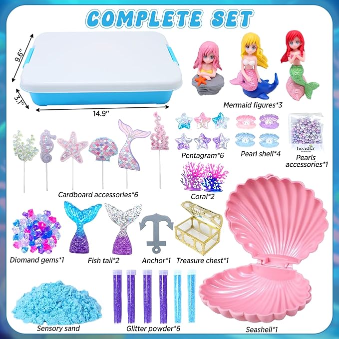 CORPER TOYS Ocean Mermaid Sand Art Kit for Kids with Magic Sand, Seashell & Treasure Accessories Sensory Bin Toys for Toddlers Girls Gift for Birthday Christmas