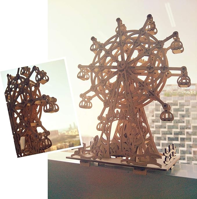 Solar 3D Wooden Puzzle Ferris Wheel DIY Model Kit Craft Sets Wood Mechanical Building Toys for Adult Men Age 14+ Years Old.