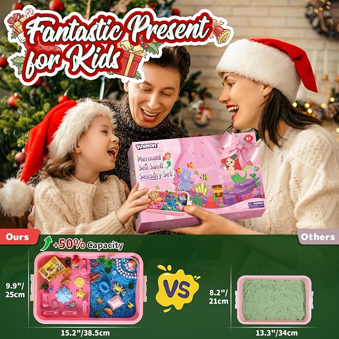 Mermaid Sensory Bin,Play Sand Art Kit for Girls and Boys with 2.2lbs Sensory Play Colored Sand,Treasure Accessories and Sandbox,Beach Toy Christmas Birthday Present for Kids Ages 3 4 5 6 7 8