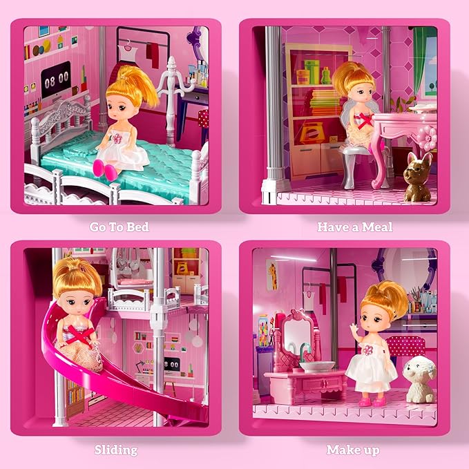 Villa Playset for Girls Ages 3-7, Indoor Playset Girls Toys for Ages 6-8 with 4 Storeys 11 Rooms 2 Dolls, Furniture and Accessories, Pretend Toddler Toy, Birthday Gifts for Kids 3 4 5 6 7 8