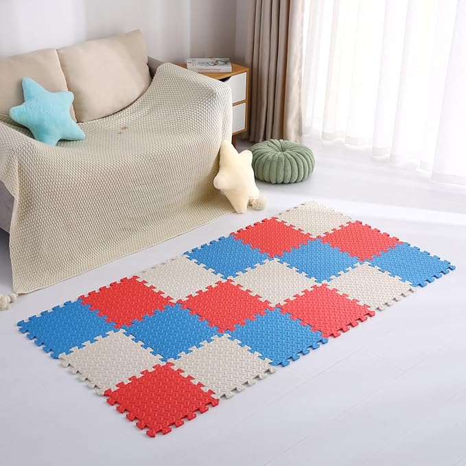 Foam Play Mat for Baby, 0.4 Inch Thick Foam Interlocking Floor Mats, Soft Non-Toxic Baby Playmat, Solid Colored Puzzle Play Mat Kids Floor Mats for Toddler, 16 Tiles(White/Red/Blue)