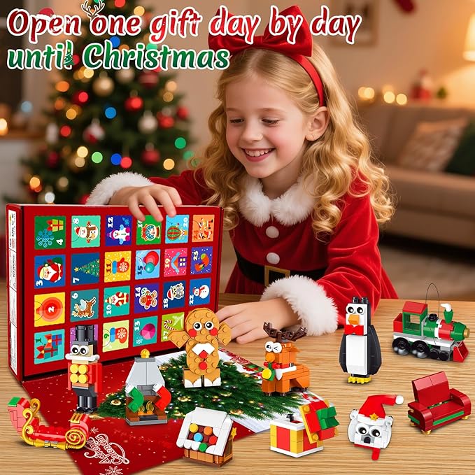 HOGOKIDS 2025 Advent Calendar Christmas Ornaments Building Set, 24 Days Countdown Hanging Christmas Tree Decor Wreath Santa Snowman Xmas Gift Stocking Stuffer Building Toys for Kids Boys Girls Ages 6+