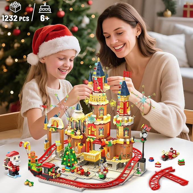 Christmas Castle Roller Coaster Building Set with Lights - 2025 Castle Village Rollercoaster Building Blocks House Xmas Tree Train Santa Claus Playset Gift for Adults Kids Boys Girls -1232PCS