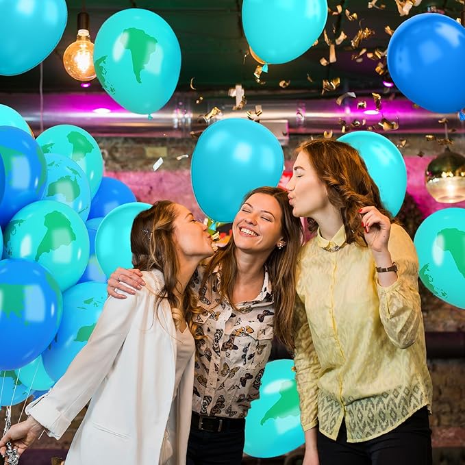Earth Balloons Set, 12inch Blue and Green Balloons, Global Balloon Blue Green Teal World Map Printed Latex Balloon for Travel Theme Space Theme Party Earth Day Decoration Teaching Supplies