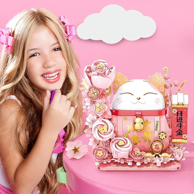 Lucky Cat Building Block Set, Compatible with Lego Cat, 868Pcs Cute Fortune Cat with Flowers Building Blocks, Christmas Birthday Creative Gift for Girls Boys Adult (Pink Cat)