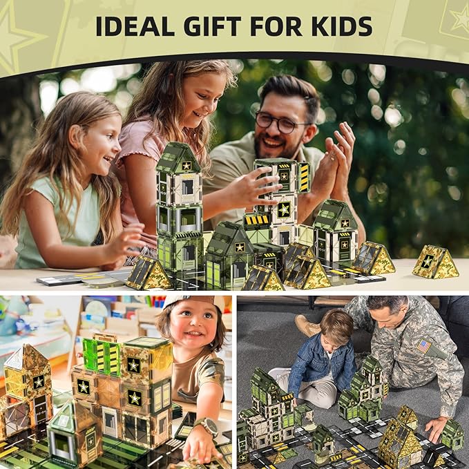GobiDex Army Magnetic Tiles Road Set Building Toys for Boys 3+ Year Old, STEM Military Magnetic Blocks for Toddlers Construction Toys, Sensory Magnets for Kids Birthday Gifts Boys & Girls 48PCS