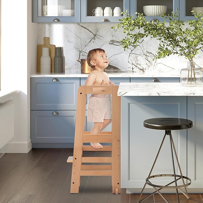 Hauck Learn N Explore Montessori Toddler Tower, Adjustable Wooden Kitchen & Bathroom Step Stool Helper for Home Use with Kids Ages 1+, Natural