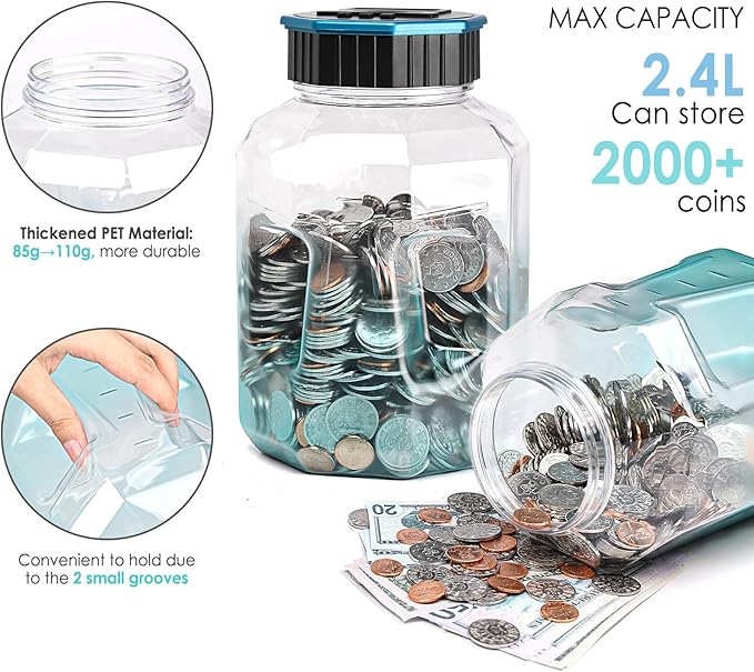 X-Large Piggy Bank for Adults Kids, Vcertcpl Digital Coin Counting Bank with LCD Counter, 2.4L Capacity, Great Coin Counter Bank Money Counting Jar with Total Amount Displayed (G Blue, X-Large)