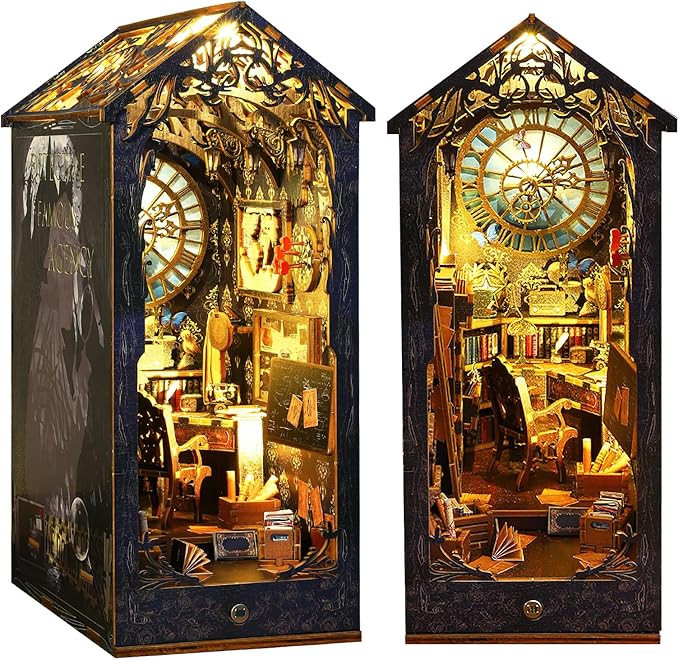 Book Nook Kit, DIY Dollhouse Booknook Bookshelf Insert Decor Alley, DIY Book Nook Miniature Kit with Lights, 3D Wooden Puzzle Decorative Bookend Miniature Model Kits for Adults