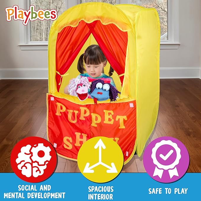 Playbees Puppet Show Pop-Up Play Tent w/Front Stage Toddler Playhouse Theater Pretend Play Tent Kids - Indoor & Outdoor Children Dramatic Furniture Swappable Velcro to Lemonade Stand w/Carry Bag