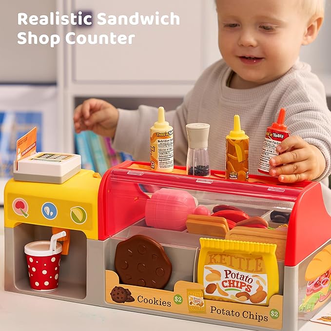 Play Restaurant Toy and Pretend Play Food for Kids, Play Kitchen Accessories Include Sandwich Maker Toy with Slicer for Ham, Menu and Ingredients, Food Toy for 3 4 5 6 Year Old Girls Birthday Gift
