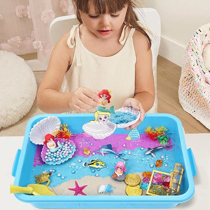 G.C Sensory Bin for Girl Kid Toy, Play Sand Art Kit 108pcs with Sandbox, 2lb Color Sand, 6 Castle Molds, Tactile Sensory Toy Christmas Birthday Gift for Girl Toddler Ages 3 4 5 6 7 8 (Mermaid)