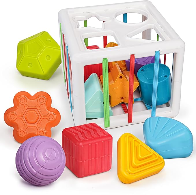 LiKee Shape Sorter Toys for 1+ Years Old, 10pcs Montessori Baby Blocks, Sensory Toddler Learning Toy for Fine Motor Skills, Infant Developmental Toys Gift for Boys Girls Ages 18+ Months