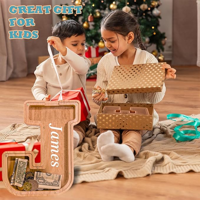 Wooden Letter Piggy Bank for Kids Larger Letter Piggy Bank for Boys and Girls Personalized Piggy Bank Initial Coin Bank Wood Kids Money Bank for Birthday and Festival