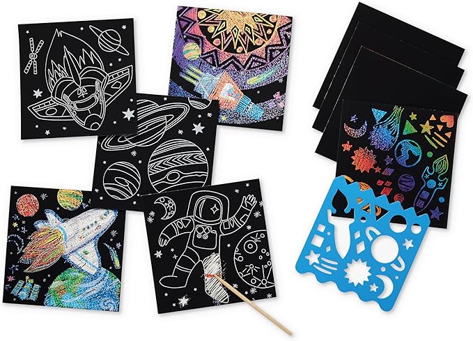 Crocodile Creek Space Sparkle Scratch Art for Kids - 16-Sheet Scratch Art Set with 10 Themed Sheets, 5 Blank Sheets, Stencil, and Stylus - Thoughtful Stocking Stuffers, Gifts, Art Supplies for Kids