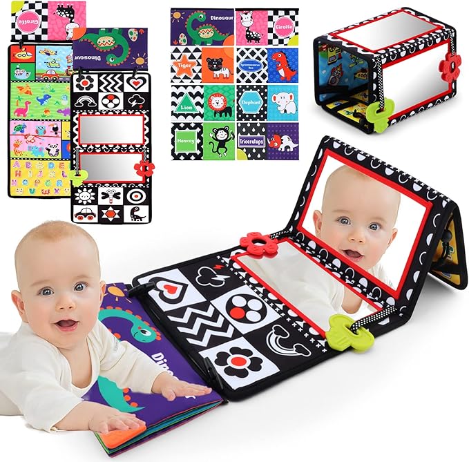Tummy Time Floor Mirror with Crinkle Cloth Book and Teethers, Double-sided Baby Mirror Black and White High Contrast Baby Toys, Folding Crawling Activity Mat for Infants 3 6 12 Months (B-Mirror+Book)