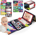 Tummy Time Floor Mirror with Crinkle Cloth Book and Teethers, Double-sided Baby Mirror Black and White High Contrast Baby Toys, Folding Crawling Activity Mat for Infants 3 6 12 Months (B-Mirror+Book)