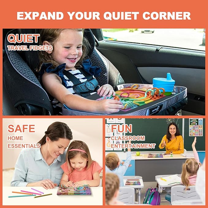 Sensory Fidget Toys for Kids,Silicone Sensory Activity Board for Stress,Soft Worry Toys for Calm Down Corner Supplies,Play Therapy ,Portable Travel Bag & 15 Strings, Simple Dimple Fidget Toys