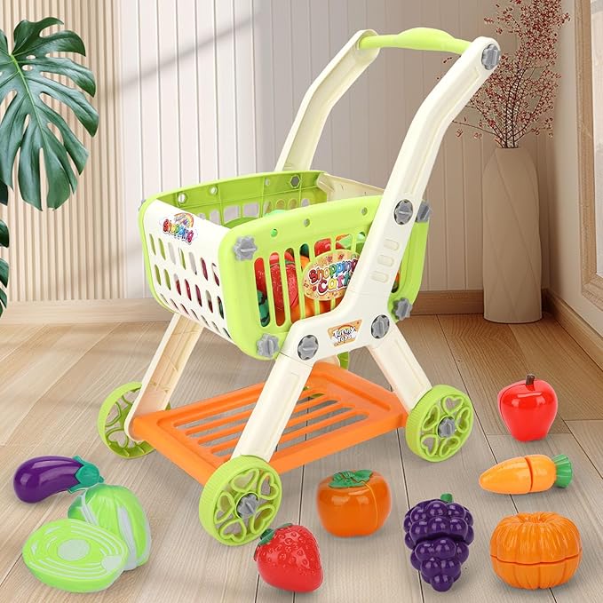 Kids Shopping Cart with Cutting Play Food Set for Kid Kitchen, 2 in 1 Shopping Cart for Kids Grocery Store Pretend Play Kitchen Accessories Sorting Food Bucket Learning Toys Gift for Toddler 3-5