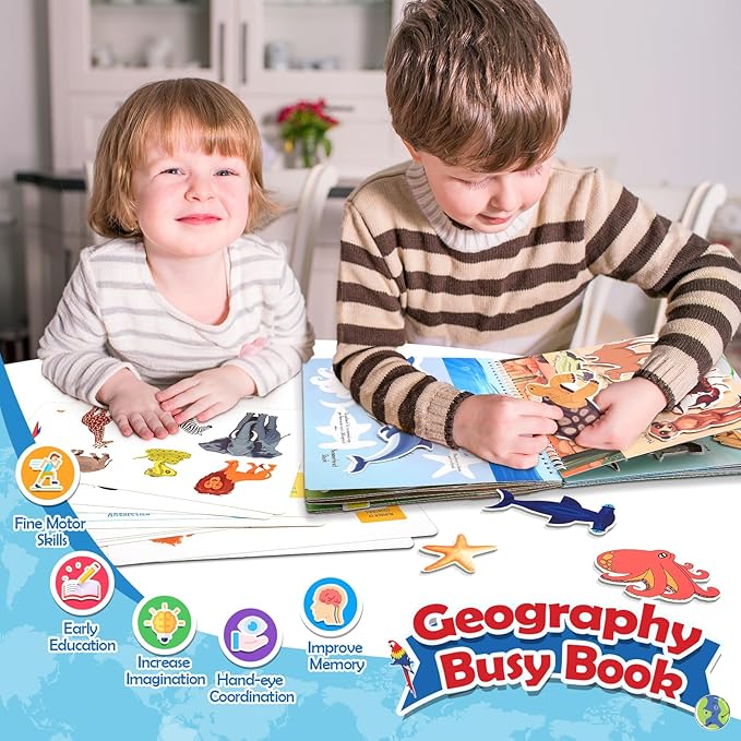 Toys for 3-8, Geography Busy Book Sensory Toys for Boys 3-6 Educational Toy for Kids Boy 4-9 Preschool Learning Activities Homeschool Birthday Gift for Girls and Boys Ages 5-7
