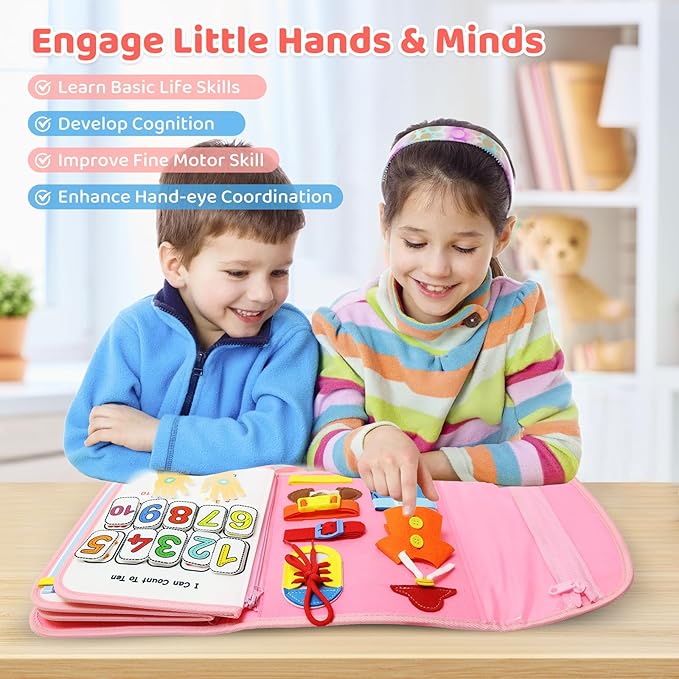 Busy Board Montessori Toys for Toddler,Busy Book - Sensory Preschool Learning Activities Educational Toys with Fine Motor Skills,Gift for Boys Girls,Travel Essentials for Plane Car (Pink)