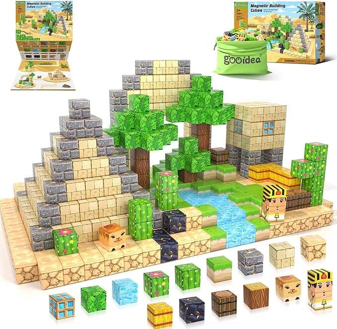 Large Magnetic Blocks Kids Toys, Sensory Learning Toys, Mine Magworld Building Craft, Desert Construction Set, 1“ Magnetic Building Cubes, Game Gift for 3+ Year Old Boys Girls