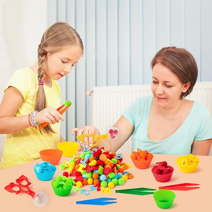 EZdhuawuse Letters Numbers Sensory Bin Fillers - 240Pcs Summer Alphanumeric Fine Motor Skills Toys Color Counting Sorting Set for Kids, Felt Letter Pom Poms Cup Clip for Preschool Education Activities