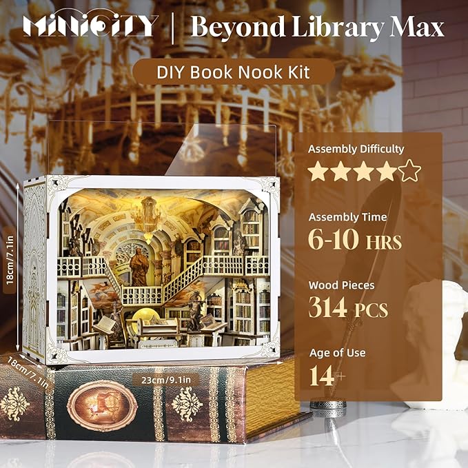 Book Nook Kit, DIY DIY Miniature Dollhouse for Adults, Beyond Library 3D Wooden Puzzle Bookend Bookshelf Insert Decor with LED Light Gifts for Book Lovers (Library of Gods Max)