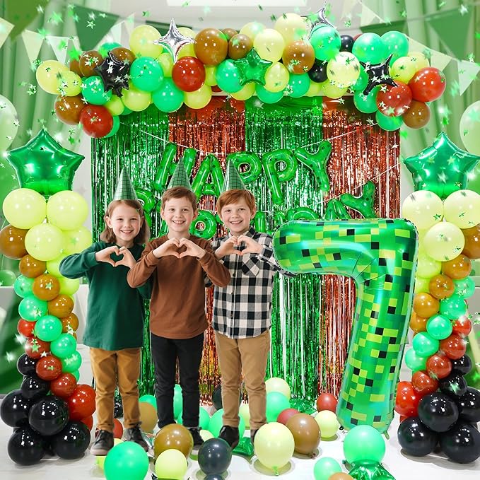 40in Pixel Giant Number 7 Balloon Birthday Decorations, Miner Theme Green Foil Balloons Blast Gaming Party Supplies