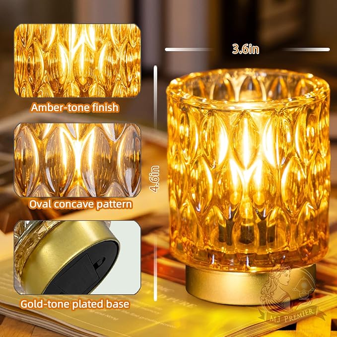 Battery Operated Table Lamps Timer, Mini Crystal Lamp for Area No Plug, Cordless Lamp with LED Bulb for Power Outage, Decorative Lamps for Tabletop/Corner/Entryway/Stairway/Bathroom/Fireplace(2*AMBER)