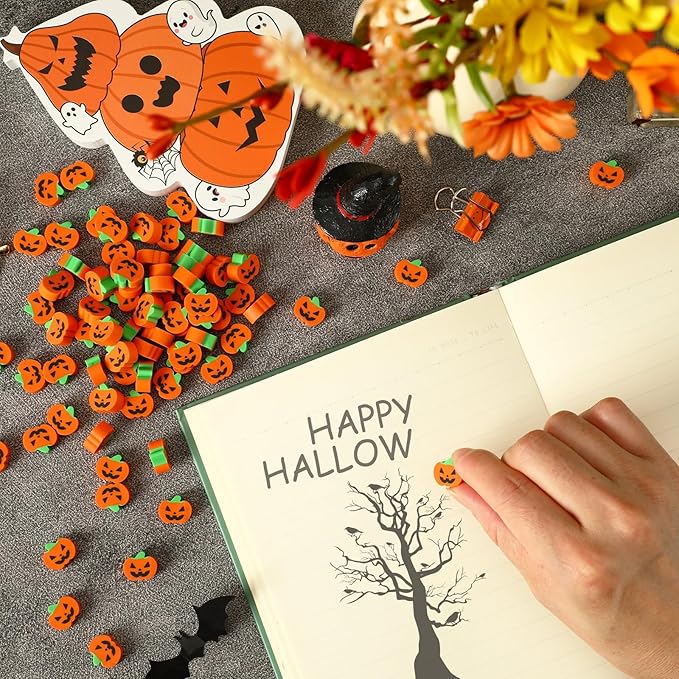 JUNEBRUSHS 150 Pcs Halloween Mini Erasers, Cute Small Pumpkin Erasers Bulk for Kids Trick or Treat Halloween Party Favors, Students Homework School Classroom Rewards Prizes
