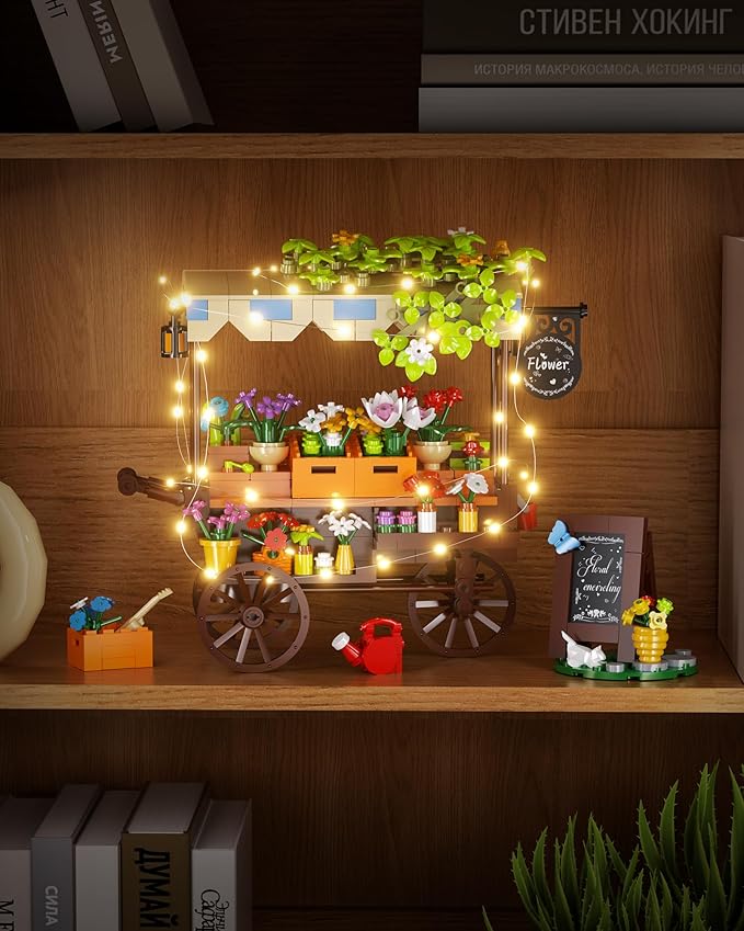 Flower Cart Building Set with LED Strips, Car Shop with Flower Bonsai and Plants Building Kits, Flower Tools and Signs Home Desk Decor Ideas Gifts for Kids 6+