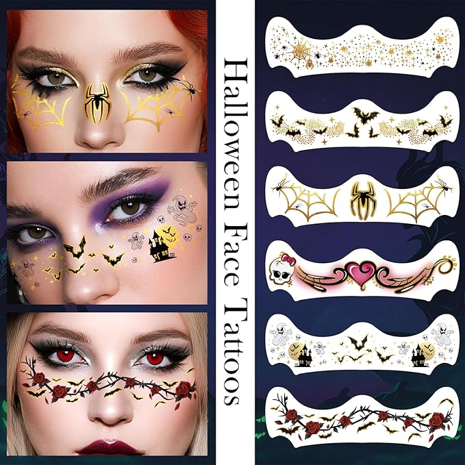 Halloween Glitter Freckle Tattoos, 12 Sheets Color Metallic Face Speckles Halloween Makeup Temporary Tattoos, Freckle Patches Makeup Accessories for Adults and Kids