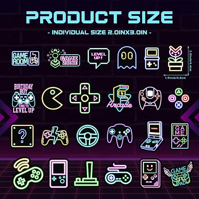 51 Pcs Neon Game Stickers for Kids Glow in The Dark, Gamer Inspirational Sticker for Water Bottle, Vinyl Waterproof Laptop Decals for Teens Girls Boys, Students Adults Sticker Pack