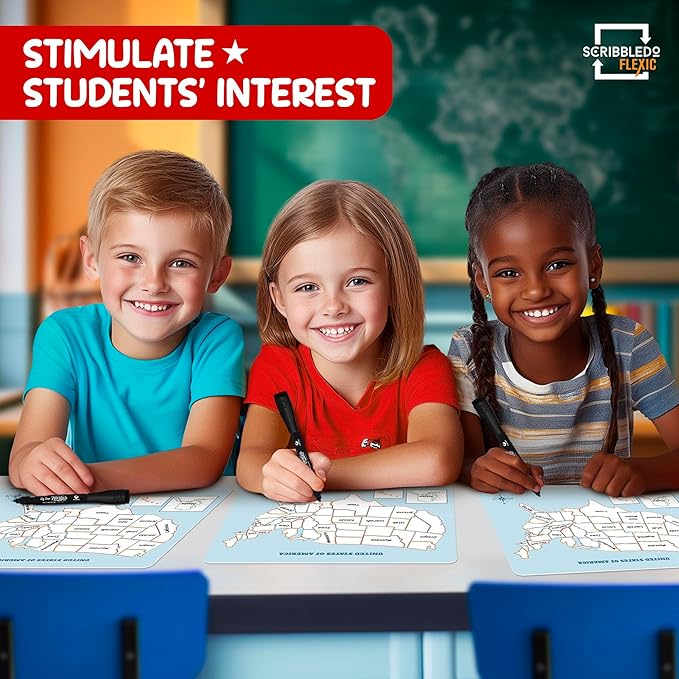 SCRIBBLEDO US Map Practice Sheets 11'x14' Dry Erase Sheets for Homeschool, Classroom Pack of 10