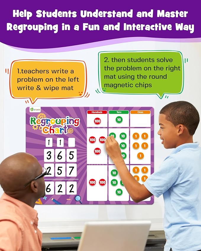 Regrouping Base Ten Place Value, Addition and Subtraction Math Manipulatives for 1st 2nd 3rd Grade, Double Sided Magnetic Dry Erase Board for Kids Classroom Must Haves Homeschool Supplies