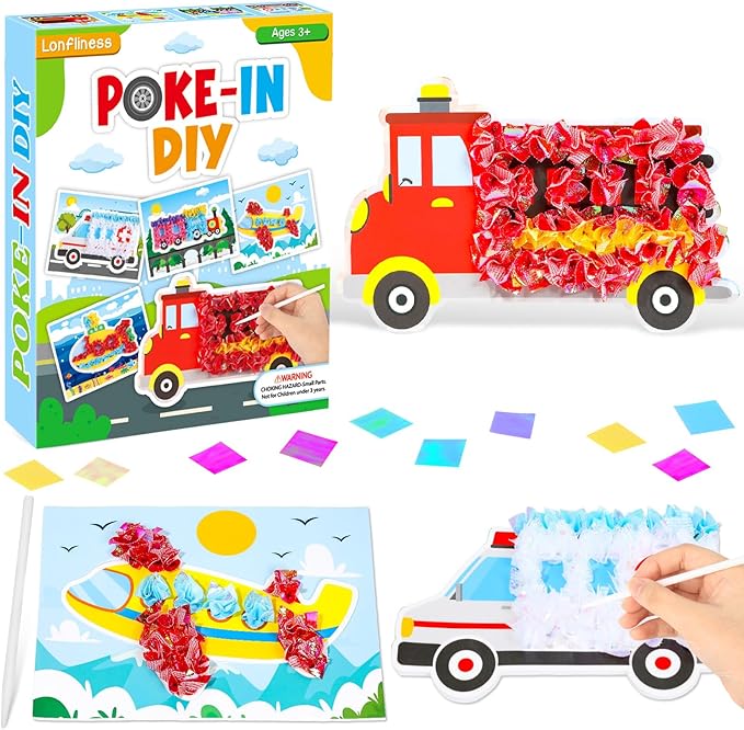 8PCS Poke-in Craft and Art Kit for Kid Transportation Vehicle Theme No-Mess Fabric Sewing Art Girl Boy 4-12 Puzzle Puncture Painting Truck Car Toy Gift Creative Activity Game Birthday Party