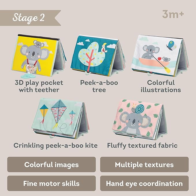 Taf Toys Tummy Time Toys High Contrast Baby Book. Fun, Interactive Crinkle Books for Babies with Mirror & Soft Koala Teether - Baby Tummy Time Book