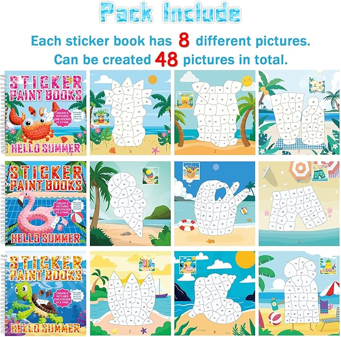 6Pcs Summer Paint by Sticker Books Hello Summer Sticker by Number Books Activity Book Puzzle Book Craft Art Gift with Crab Flamingo Turtle Toucan 48 Pictures Party Favors