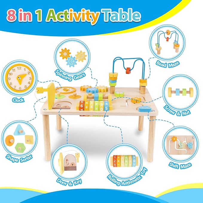ATOYUS Activity Table for 1 2 Year Old, 8 in 1 Wooden Montessori Activity Center Toys for Toddlers 1-3, Kids Sensory Game Play Table, 1st Christmas Birthday Boys Girls Gifts for 12 Months+ Baby