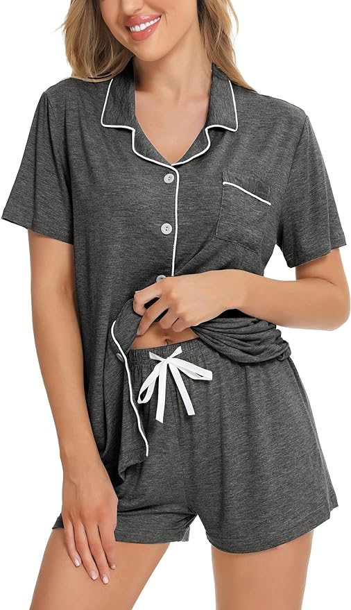 SWOMOG Womens Button Down Pajamas Set Short Sleeve Sleepwear Bride Soft Pj Lounge Sets XS-3XL