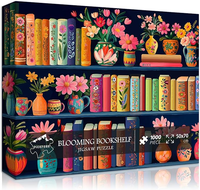 Blooming Bookshelf Jigsaw Puzzles 1000 Pieces, PICKFORU Wildflower Pages Puzzle, Plant Floral Flowers Books Literary Themed, Colorful Art Library Impossible Challenging Puzzles for Adults